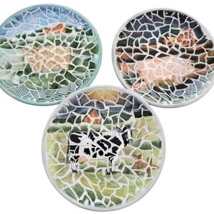 Vintage Mosaic Farm Animal Ceramic Hanging Plates Pig, Cow, And Sheep Small